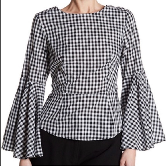 (SOLD) NANETTE LEPORE Gingham Bell-Sleeve Top, Large, Black/White - Picture 2 of 13